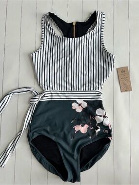 Albion size S Bon Voyage one piece swimsuit green stripe modest open back NEW